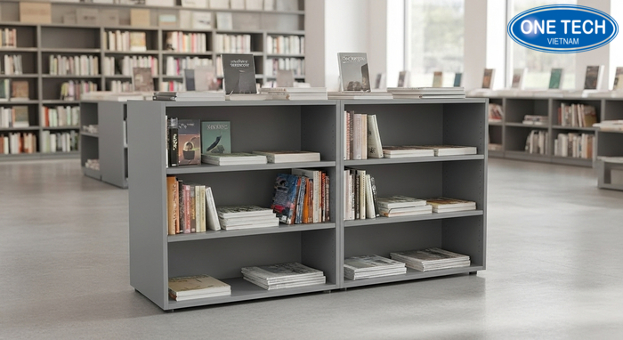 Kệ trưng bày sách báo hai mặt đặt giữa lối đi, quan sát được từ hai hướng