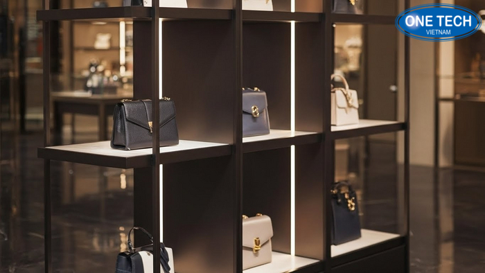 Ke trung bay tui xach co den LED hat Kệ trưng bày túi xách có LED hắt, so hiệu ứng ban ngày và ban đêm