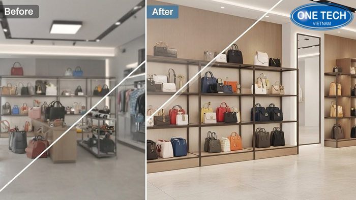 Truoc sau khi bo tri ke trung bay tui xach So sánh trước sau khi dùng kệ trưng bày túi xách trong shop