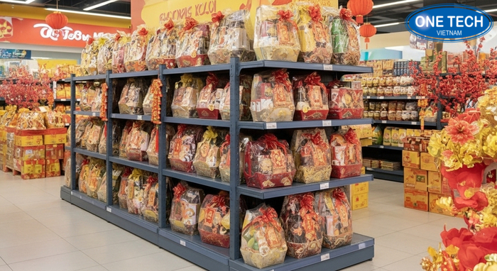 Kệ V cài trưng bày giỏ quà Tết tải trọng cao Kệ V cài chịu tải lớn dùng cho giỏ quà Tết nặng