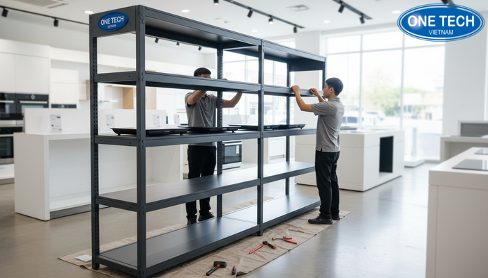 Hình ảnh lắp đặt kệ trưng bày bếp từ tận nơi