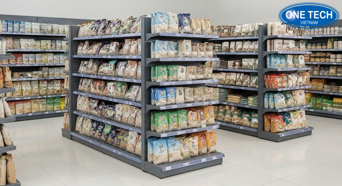 Bố trí quầy gạo cho siêu thị mini Layout mẫu cho siêu thị mini với dãy kệ đôi và kệ đảo khu gạo