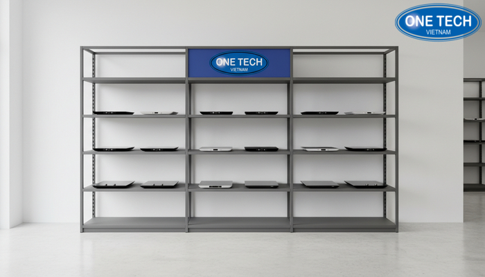 Kệ trưng bày bếp từ có khung banner tăng nhận diện khu trưng bày