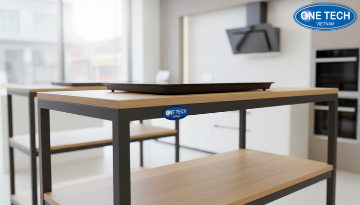 Mẫu kệ bếp từ gỗ kết hợp khung sắt phù hợp showroom