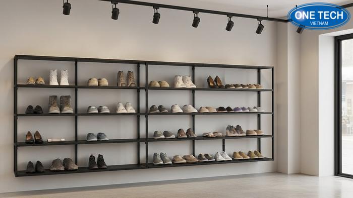 Mẫu kệ trưng bày giày dép sát tường giúp tiết kiệm diện tích tối đa