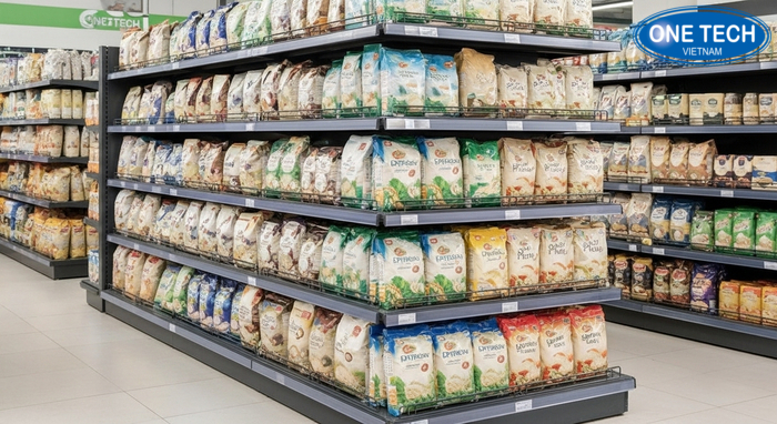 Khoảng cách tầng kệ trưng bày gạo dễ lấy dễ nhìn Minh họa khoảng cách tầng kệ phù hợp để dựng bao gạo đứng dáng