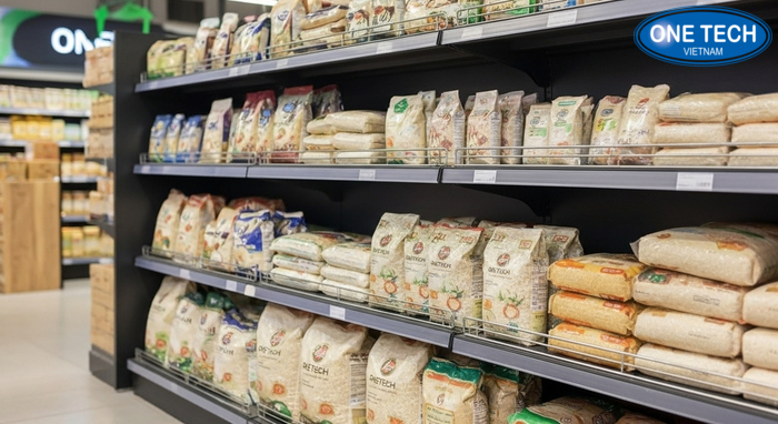 Xếp bao gạo đúng tải trên kệ trưng bày gạo Minh họa cách xếp bao đúng tải: tầng dưới nặng, tầng trên nhẹ