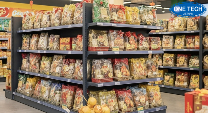 Cách phân nhóm giỏ quà Tết trên kệ trưng bày Giỏ quà Tết được phân nhóm theo mức giá trên kệ