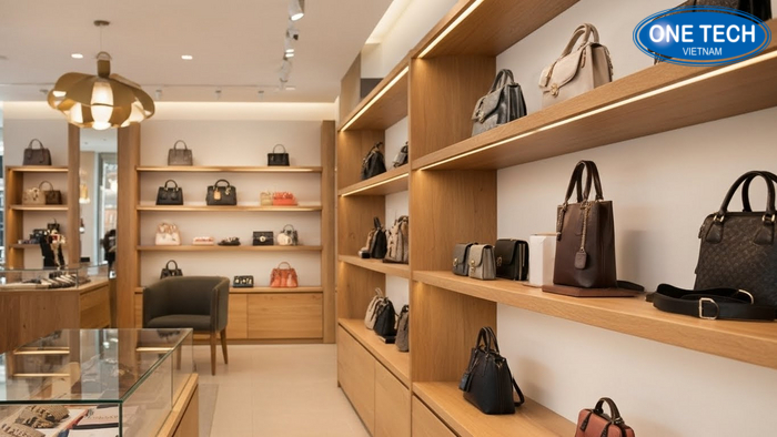 Ke go trung bay tui xach phong cach boutique Phối cảnh shop túi xách dùng kệ gỗ tạo phong cách boutique