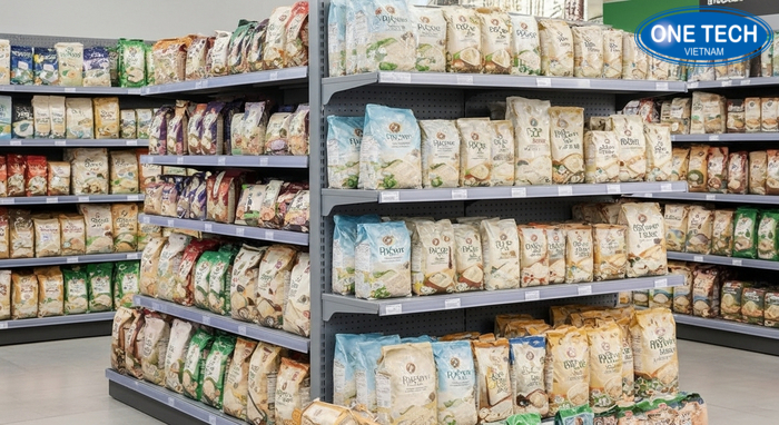 Bố trí kệ đảo giữa nhà cho quầy gạo Sơ đồ bố trí kệ đảo giữa nhà và hướng di chuyển khách