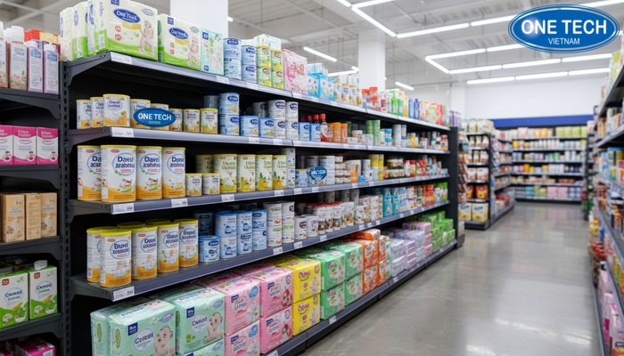 Sơ đồ phối cảnh khu kệ sữa và kệ bỉm tã trong siêu thị mini