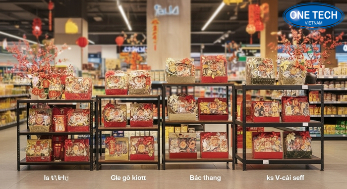 Các mẫu kệ trưng bày giỏ quà Tết phổ biến So sánh kệ V lỗ, kệ gỗ khung sắt, kệ bậc thang, kệ V cài