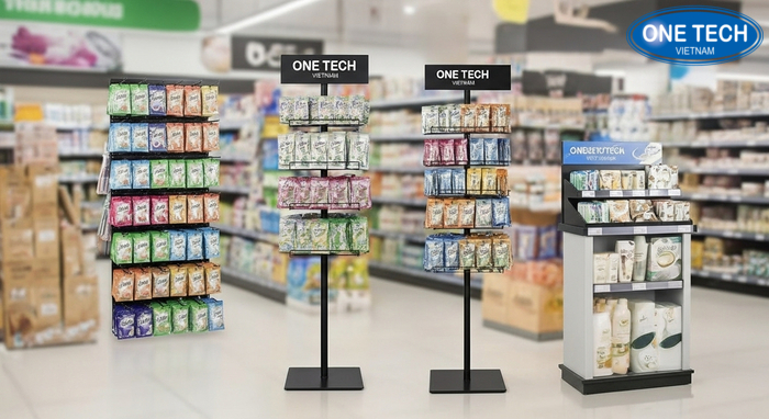 So sánh kệ treo với kệ để sàn và kệ để bàn khi trưng bày gói dầu gội dây