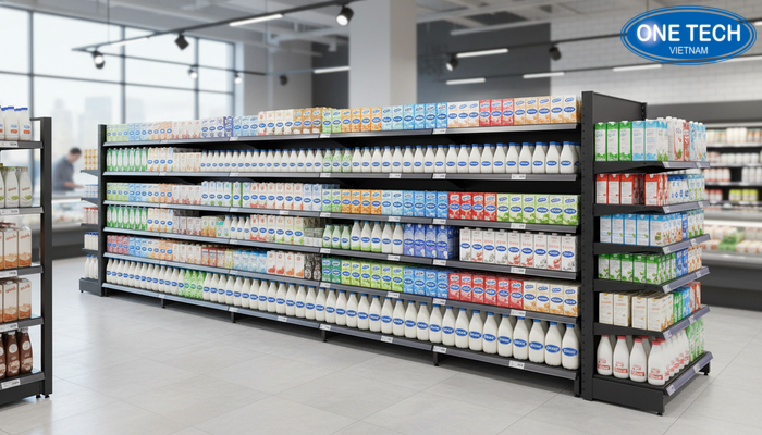 Thiết kế kệ trưng bày sữa phong cách hiện đại tối giản