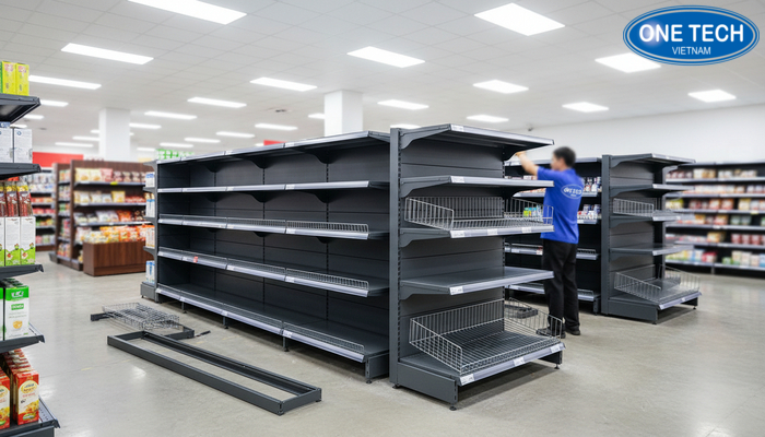 Hình ảnh lắp đặt kệ trưng bày sữa tại cửa hàng thực tế