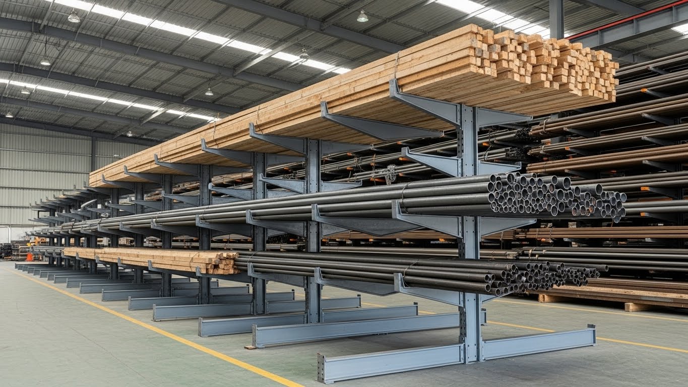 Ứng dụng kệ tay đỡ trong kho sắt thép và gỗ tại An Giang