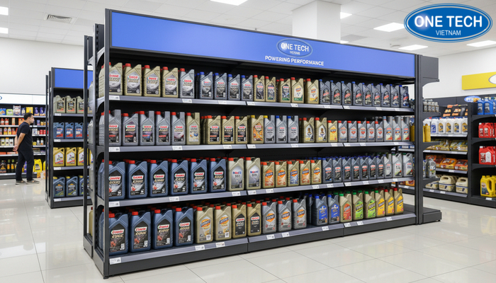 Kệ quảng cáo POSM có banner tăng nhận diện thương hiệu dầu nhớt tại điểm bán