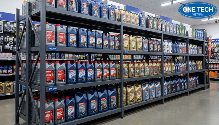 Kệ thép sơn tĩnh điện nhiều tầng trưng bày chai và can dầu nhớt