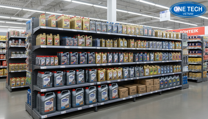 Bảng tiêu chí chọn kệ trưng bày dầu nhớt theo tải trọng, vật liệu, thiết kế