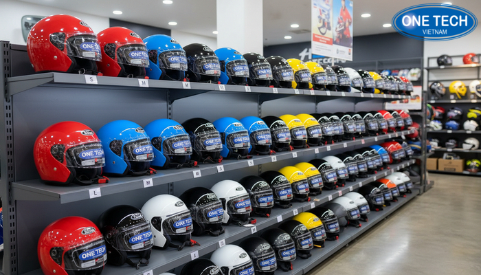 Bố trí kệ mũ bảo hiểm theo size và màu sắc tăng tính thẩm mỹ