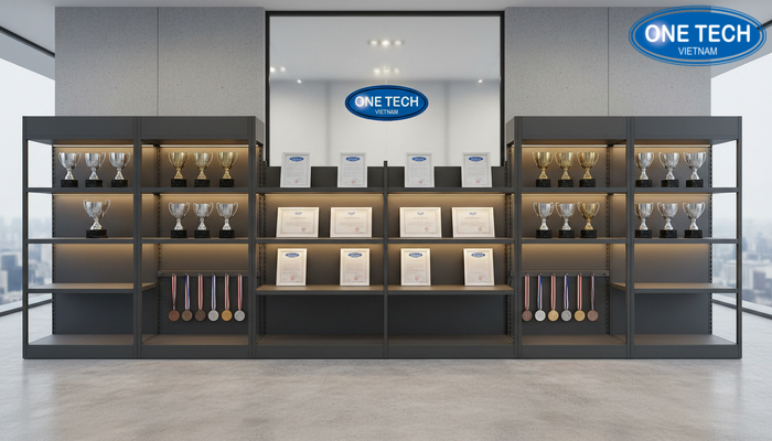 Bố trí kệ trưng bày bằng khen đồng bộ Gợi ý bố trí kệ trưng bày bằng khen kết hợp cúp và huy chương đồng bộ
