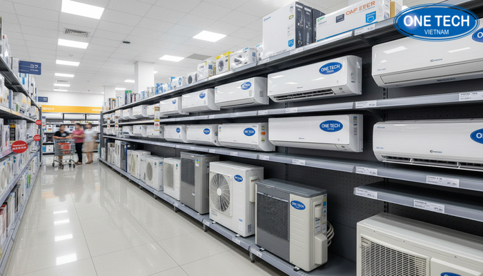 Không gian bố trí kệ trưng bày điều hoà tại siêu thị điện máy