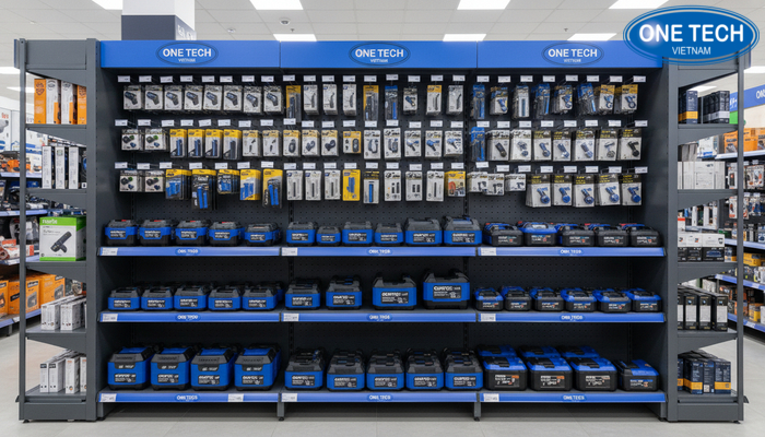 Kệ trưng bày pin máy khoan và phụ kiện Bố trí kệ trưng bày pin máy khoan và phụ kiện giúp khách dễ lựa chọn
