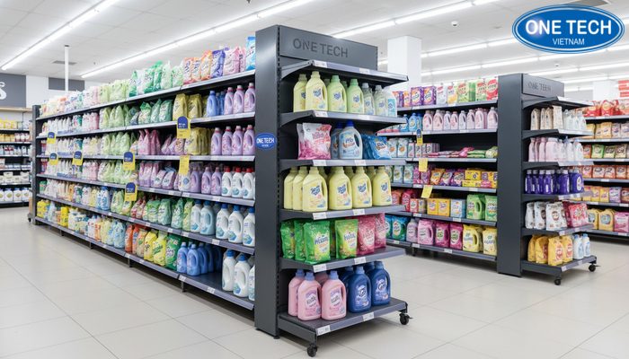 Phân loại kệ trưng bày nước giặt Các mẫu kệ trưng bày nước giặt phổ biến trong cửa hàng