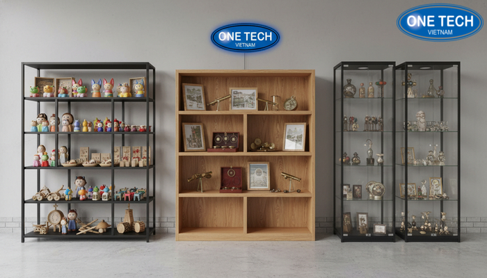 So sánh chất liệu kệ trưng bày So sánh chất liệu kệ gỗ, kính và kệ sắt sơn tĩnh điện cho cửa hàng lưu niệm