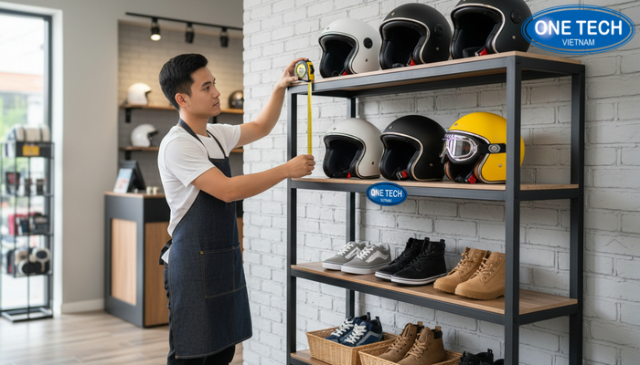 Đo mặt bằng để chọn kích thước kệ trưng bày mũ bảo hiểm