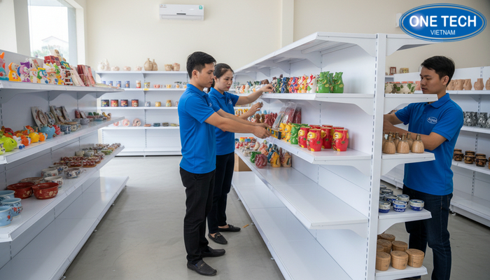 Thi công lắp đặt kệ trưng bày OneTech An Giang Đội ngũ thi công lắp đặt kệ trưng bày tại cửa hàng khách hàng ở An Giang