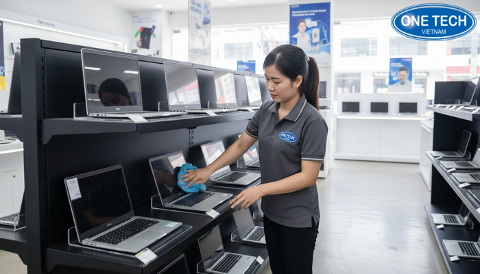 Minh họa các bước vệ sinh kệ trưng bày laptop: lau khung, lau mặt kệ, lau kính