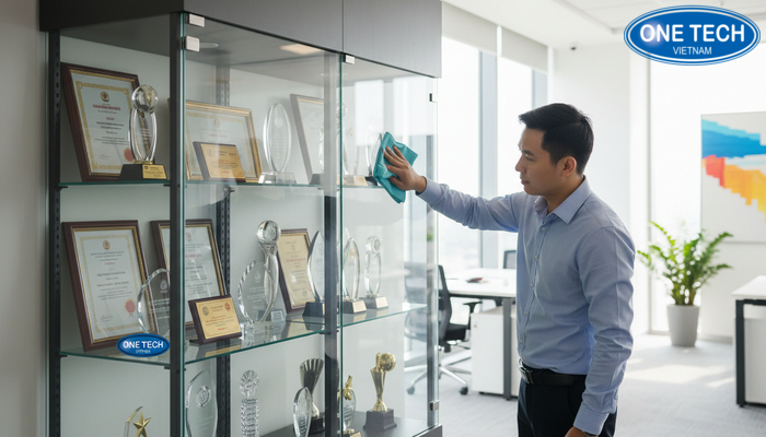 Cách vệ sinh kệ trưng bày bằng khen Vệ sinh tủ kính kệ trưng bày bằng khen bằng khăn mềm để tránh trầy xước