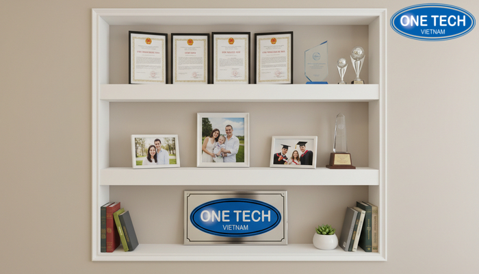 Kệ âm trưng bày tranh ảnh và chứng nhận Kệ âm trưng bày tranh ảnh và chứng nhận giúp mảng tường gọn hiện đại