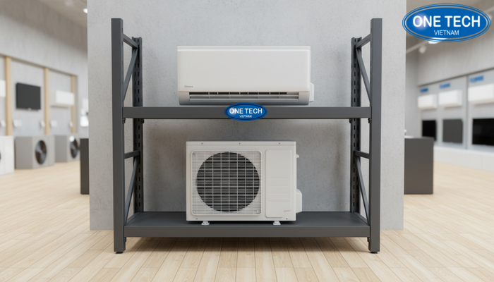 Kệ chân sắt trưng bày cục nóng và dàn lạnh máy lạnh