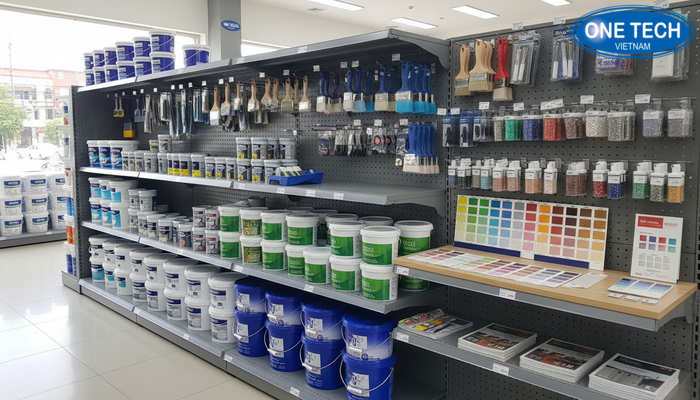 Kệ đa năng trưng bày sơn nước kết hợp phụ kiện cọ lăn, khay, băng keo