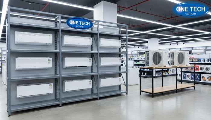 So sánh kệ đa tầng và kệ chân sắt trưng bày máy lạnh