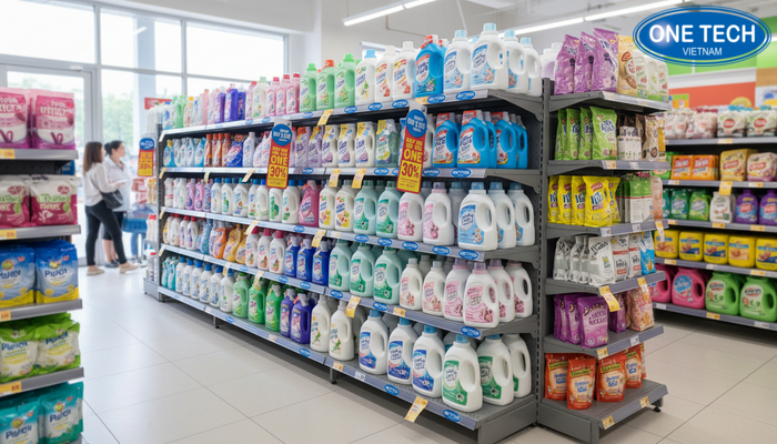 Kệ đầu dãy endcap nước giặt Kệ đầu dãy trưng bày nước giặt khuyến mãi