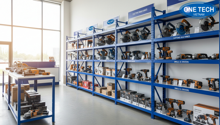 Kệ để máy cắt và máy khoan trong showroom Kệ để máy cắt và máy khoan bố trí theo khu vực trong showroom