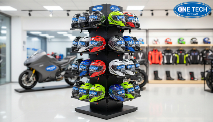 Kệ trưng bày mũ bảo hiểm đặt sàn trong cửa hàng xe máy