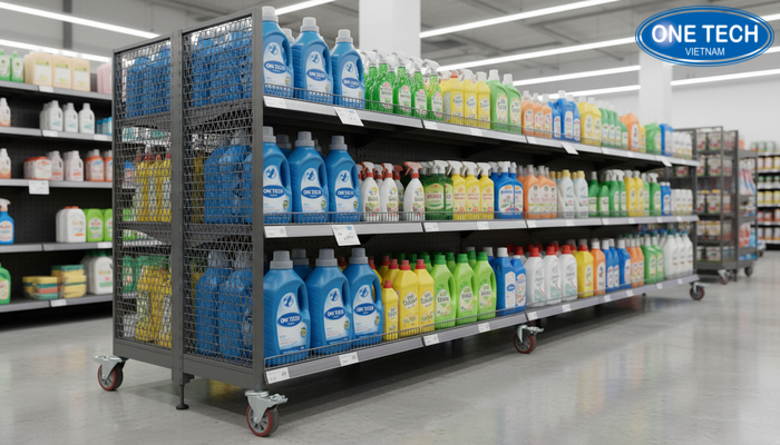 Kệ trưng bày nước giặt có bánh xe khóa Kệ di động bánh xe trưng bày nước giặt