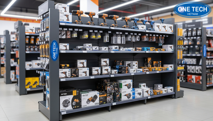Kệ đứng nhiều tầng trưng bày máy khoan Kệ đứng nhiều tầng trưng bày máy khoan kèm phụ kiện và hộp sản phẩm