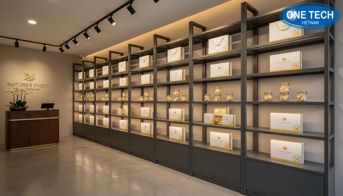 Kệ gắn tường trưng bày yến sào Kệ trưng bày yến sào gắn tường giúp tối ưu diện tích cửa hàng nhỏ