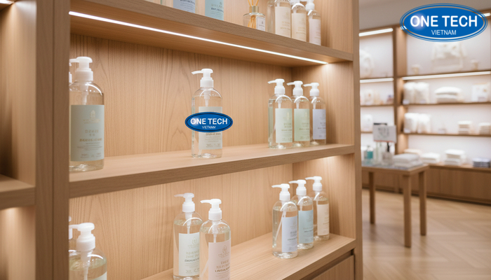 Kệ gỗ LED trưng bày nước giặt cao cấp Kệ gỗ kết hợp đèn LED trưng bày nước giặt