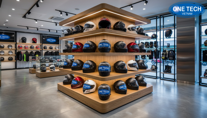 Kệ gỗ MDF 5 tầng trưng bày mũ bảo hiểm cho showroom