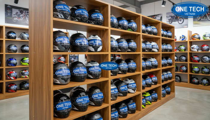 Kệ gỗ MDF trưng bày mũ bảo hiểm phong cách showroom