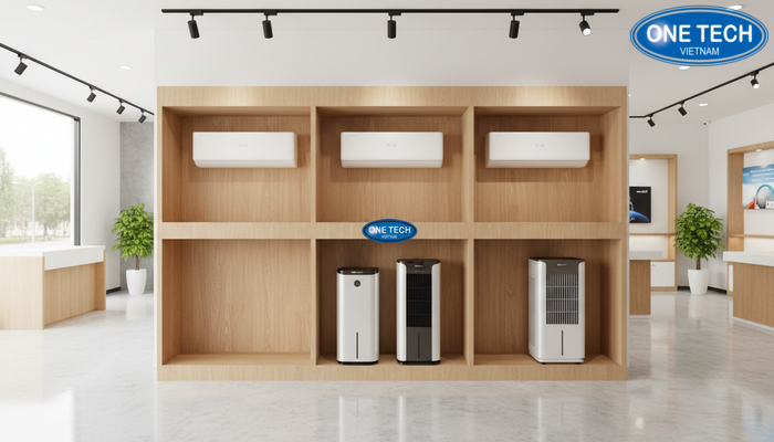 Kệ gỗ MDF trưng bày điều hoà trong showroom phong cách cao cấp