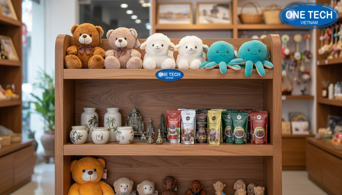 Kệ gỗ trưng bày gấu bông phong cách ấm cúng