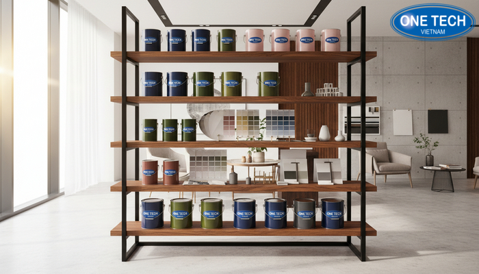 Kệ khung sắt mâm gỗ trưng bày sơn nước tạo cảm giác sang trọng