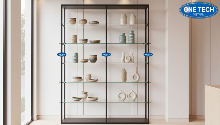Kệ kính trưng bày hàng gốm sứ Kệ kính trưng bày hàng gốm sứ nhiều tầng tạo cảm giác không gian rộng hơn
